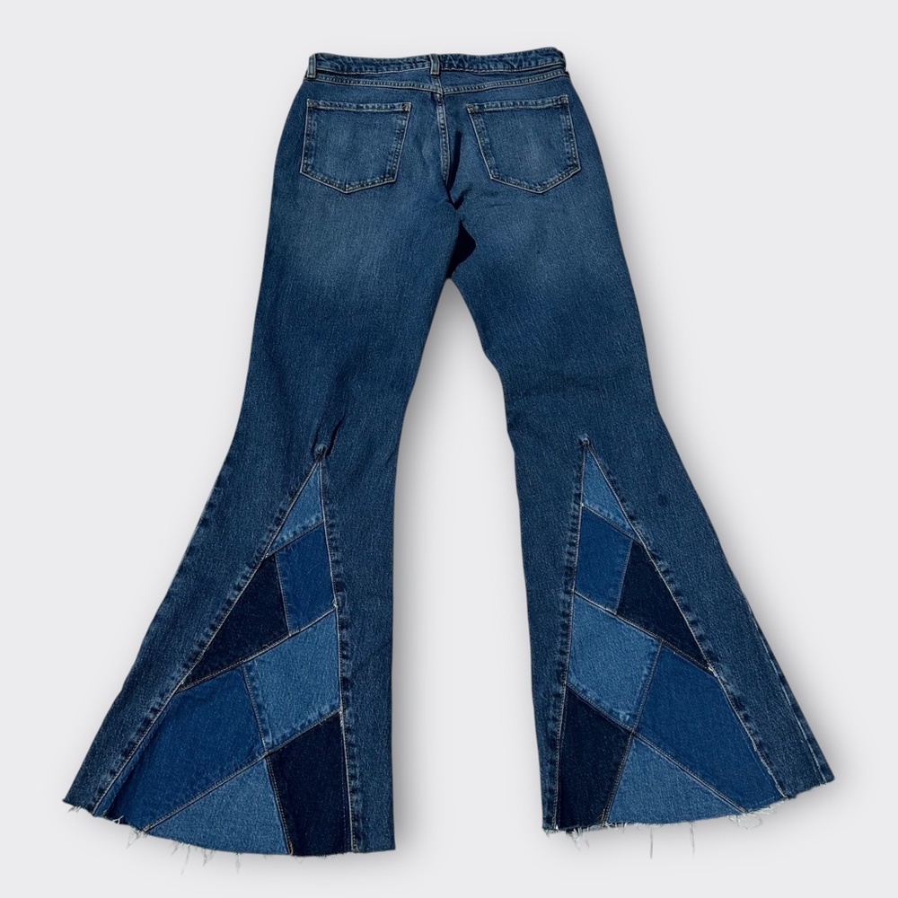 FOREVER 21 Premium Mid Rise Flare Reworked Patchwork Denim Raw Hem Jeans 30